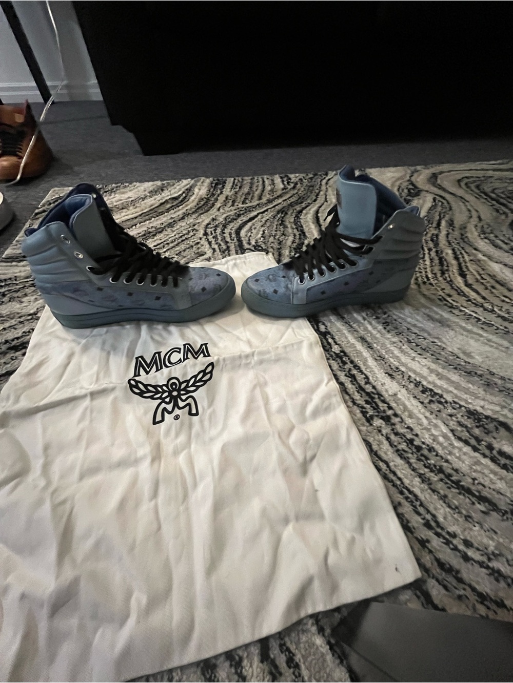 MCM Light Blue High-Top Logo Sneakers with Black Laces - Picture 2 of 5